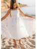 White Lace Tulle Pearl Buttons Back Boho Flower Girl Dress